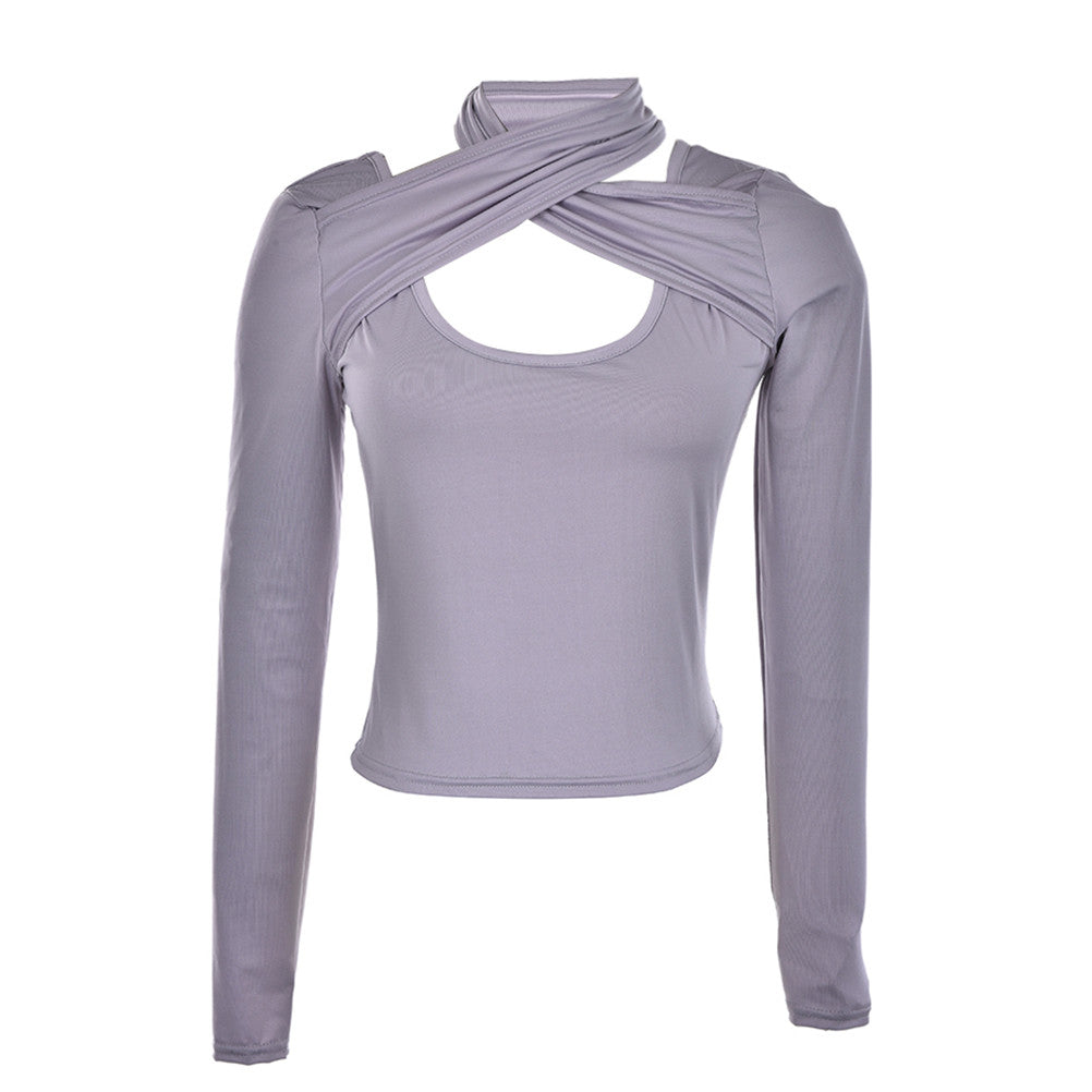 Women Long Sleevee Hollow Sexy Collar Casual Shirt Tops Polka Shirt Top J4U66