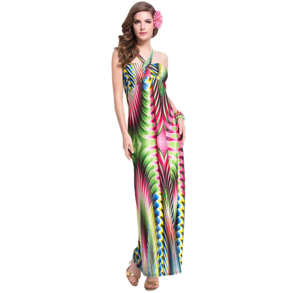 women maxi dress contrast print cross padding bohemian beach long dress plus size beach dress vestidos green J4U66