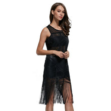Mesh Hollow Fringed Dress Sleeveless A-Line Dresses Black Vestidos J4U66