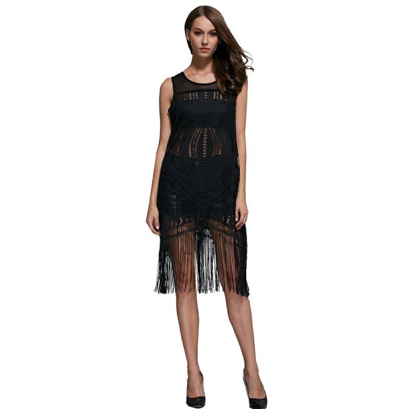 women mesh hollow fringed dress sleeveless a line dresses black vestidos J4U66