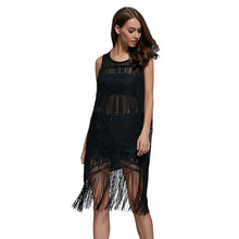 Mesh Hollow Fringed Dress Sleeveless A-Line Dresses Black Vestidos J4U66