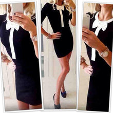 women pencil dress round neck 3/4 sleeve bowknot casual dress slim fit ladies bodycon dress vestidos black J4U66
