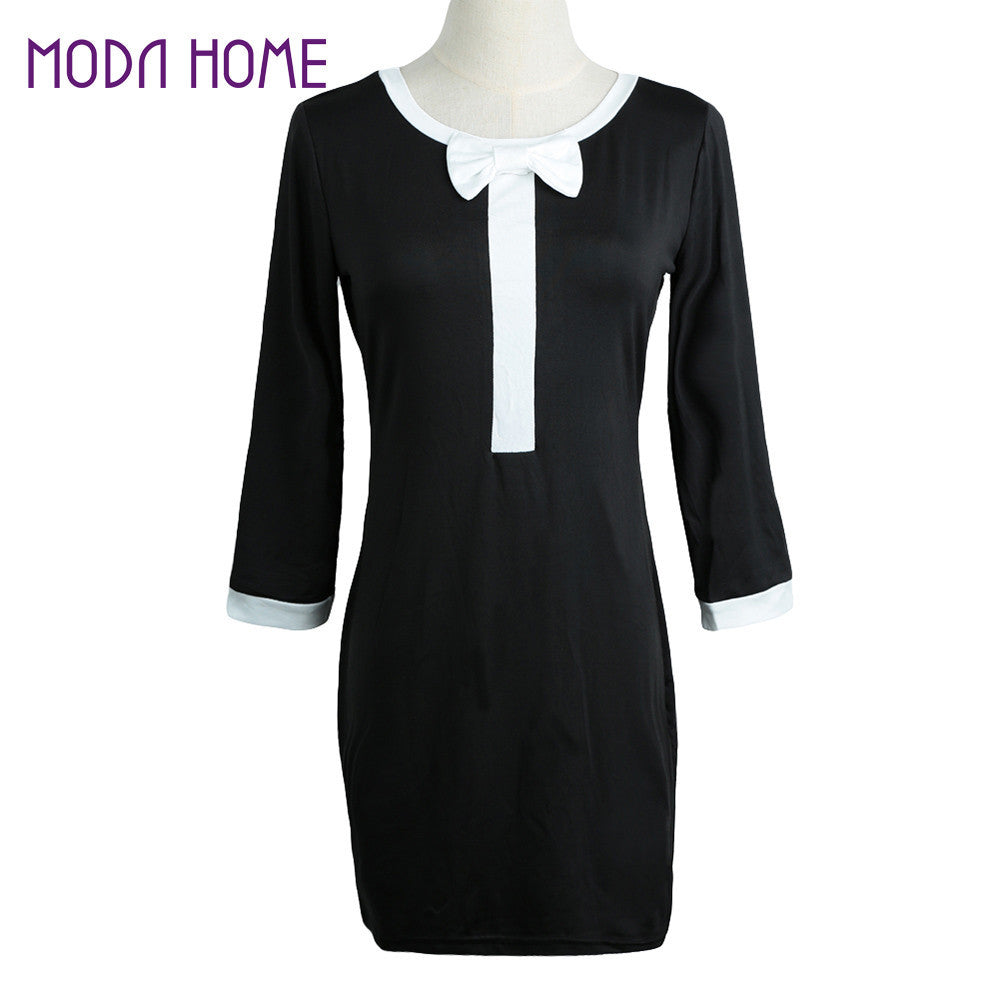 women pencil dress round neck 3/4 sleeve bowknot casual dress slim fit ladies bodycon dress vestidos black J4U66
