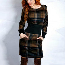 Fashion Women Plaid Long Sleeve Bodycon Dress O-Neck Slim Sexy Pencil Dresses Vestidos  J4U66