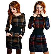 Fashion Women Plaid Long Sleeve Bodycon Dress O-Neck Slim Sexy Pencil Dresses Vestidos  J4U66
