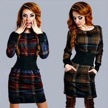 Fashion Women Plaid Long Sleeve Bodycon Dress O-Neck Slim Sexy Pencil Dresses Vestidos  J4U66