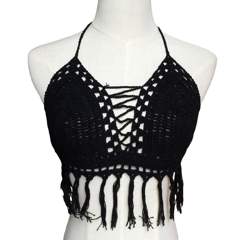 women sexy boho crop top halter style crochet knitted hollow bra beachwear womens tanks J4U66