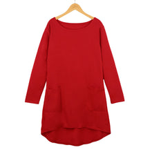 women sexy dress slash neck long sleeves asymmetric hem casual dress pockets solidcolor mini dress red black J4U66