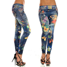 Women Sexy Leggings Buttlefly Flower Printed Imitation Jeans Elastic Slim Punk Style Faux Denim Pencil Pants J4U66