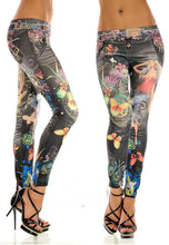 Women Sexy Leggings Buttlefly Flower Printed Imitation Jeans Elastic Slim Punk Style Faux Denim Pencil Pants J4U66