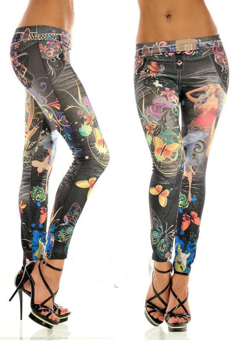 Women Sexy Leggings Buttlefly Flower Printed Imitation Jeans Elastic Slim Punk Style Faux Denim Pencil Pants J4U66