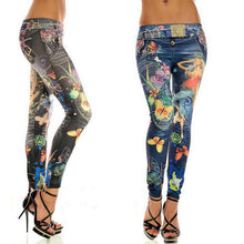 Women Sexy Leggings Buttlefly Flower Printed Imitation Jeans Elastic Slim Punk Style Faux Denim Pencil Pants J4U66