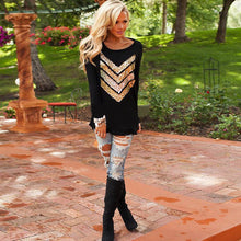 Women Shirt O Neck Sequins Arrow Long Sleeve Tee Shirt Casual Loose Blusas Tops J4U66