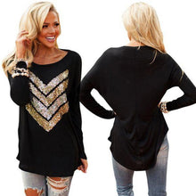 Women Shirt O Neck Sequins Arrow Long Sleeve Tee Shirt Casual Loose Blusas Tops J4U66