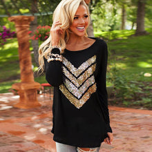 Women Shirt O Neck Sequins Arrow Long Sleeve Tee Shirt Casual Loose Blusas Tops J4U66
