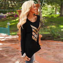 Women Shirt O Neck Sequins Arrow Long Sleeve Tee Shirt Casual Loose Blusas Tops J4U66