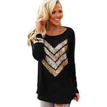 Women Shirt O Neck Sequins Arrow Long Sleeve Tee Shirt Casual Loose Blusas Tops J4U66