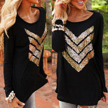 Women Shirt O Neck Sequins Arrow Long Sleeve Tee Shirt Casual Loose Blusas Tops J4U66