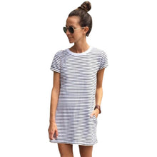 Fashion Women Strip Loose T Shirt Top Short Sleeve Casual Mini Shirt Dress J4U66