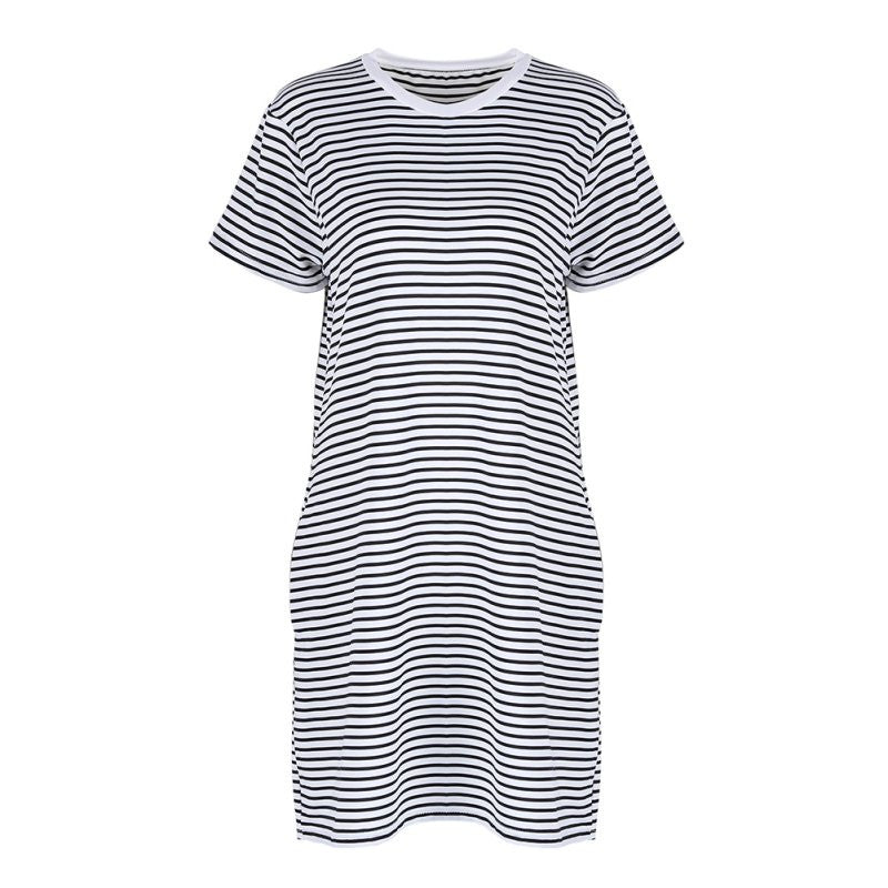 Fashion Women Strip Loose T Shirt Top Short Sleeve Casual Mini Shirt Dress J4U66