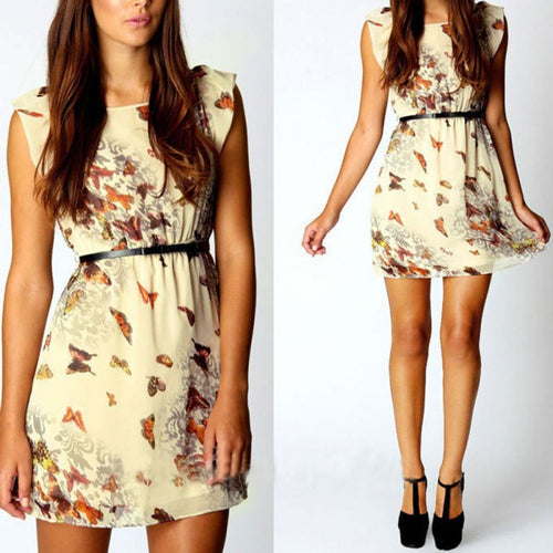 Chiffon Dress Butterfly Print Pattern Sleeveless Slim Mini DressesJFY66