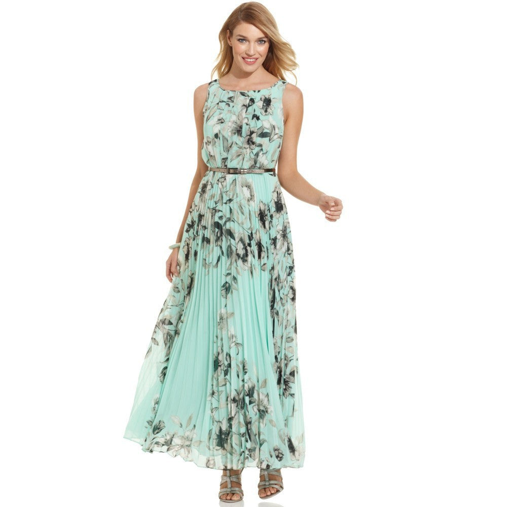 women chiffon dress floral print sleeveless folds back zipper maxi long dress vestido longo casual yellow green J4U66
