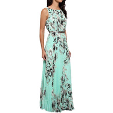 women chiffon dress floral print sleeveless folds back zipper maxi long dress vestido longo casual yellow green J4U66