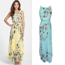 women chiffon dress floral print sleeveless folds back zipper maxi long dress vestido longo casual yellow green J4U66