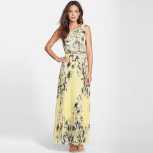 women chiffon dress floral print sleeveless folds back zipper maxi long dress vestido longo casual yellow green J4U66