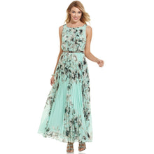 women chiffon dress floral print sleeveless folds back zipper maxi long dress vestido longo casual yellow green J4U66