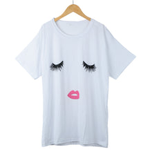 women t-shirts white loose o neck short sleeve tops cute lashes lips print femininas blusas plus size xxxl J4U66