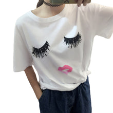 women t-shirts white loose o neck short sleeve tops cute lashes lips print femininas blusas plus size xxxl J4U66