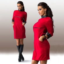 Fashion Women's 3/4 Sleeve Dress PU Leather Sleeve Clubwear Party Evening Red OL Dress J4U66