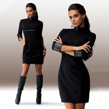 Fashion Women's 3/4 Sleeve Dress PU Leather Sleeve Clubwear Party Evening Red OL Dress J4U66