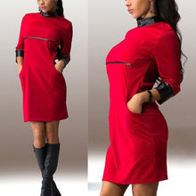 Fashion Women's 3/4 Sleeve Dress PU Leather Sleeve Clubwear Party Evening Red OL Dress J4U66