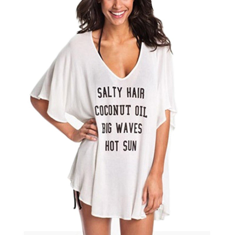 Fashion Women's Casual Short Sleeve T-shirts V-neck Letter Printed Blouse Tops Dress New J4U66