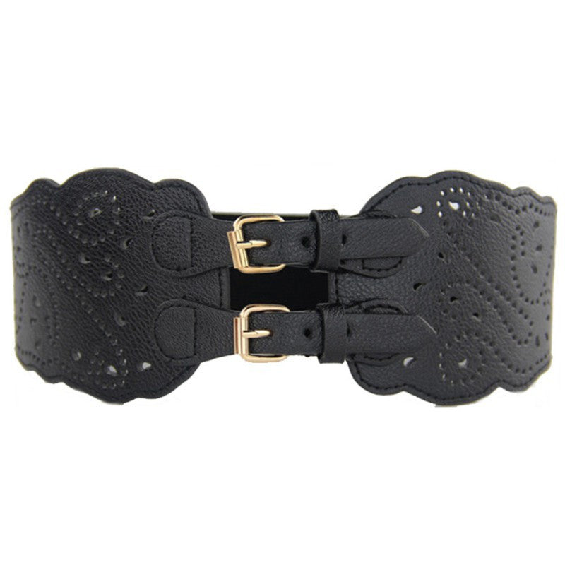 Fashion Womens Double Buckle Elastic Waist Belt Wide Stretch Corset Waistband J4U66