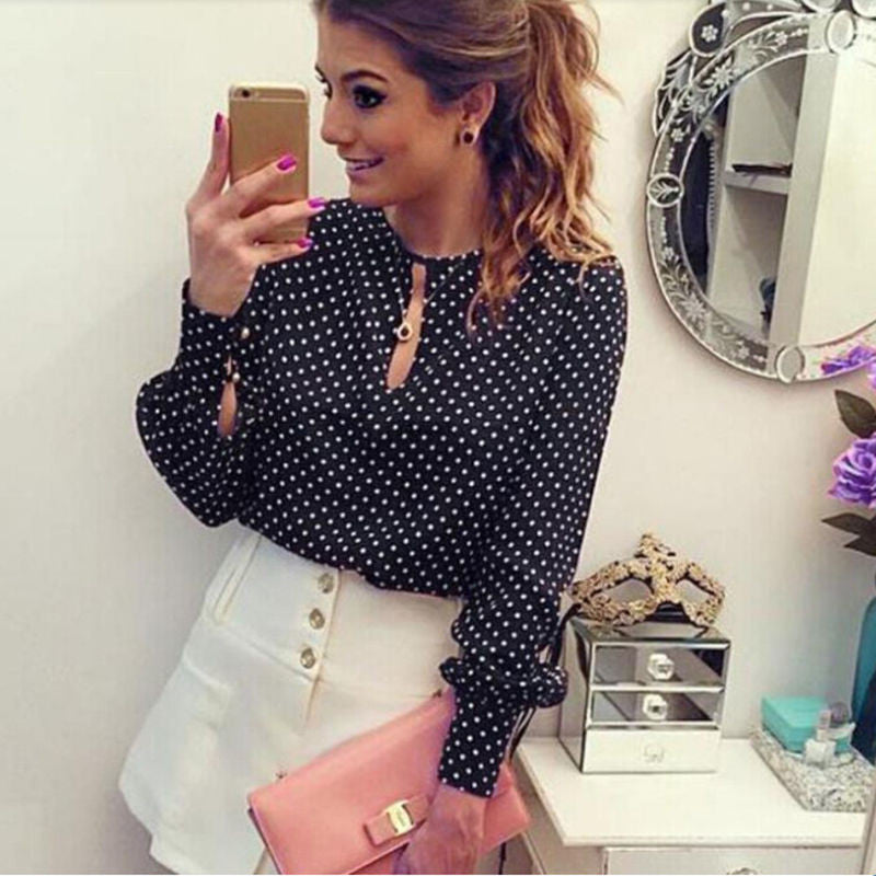 Womens Long Sleeve Blouses Chiffon Polka Dots Shirt Tops J4U66