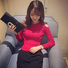 women knitted off shoulder crop tops tight slim short t shirt long sleeve sexy t-shirts J4U66