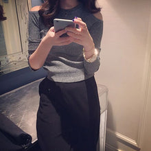 women knitted off shoulder crop tops tight slim short t shirt long sleeve sexy t-shirts J4U66