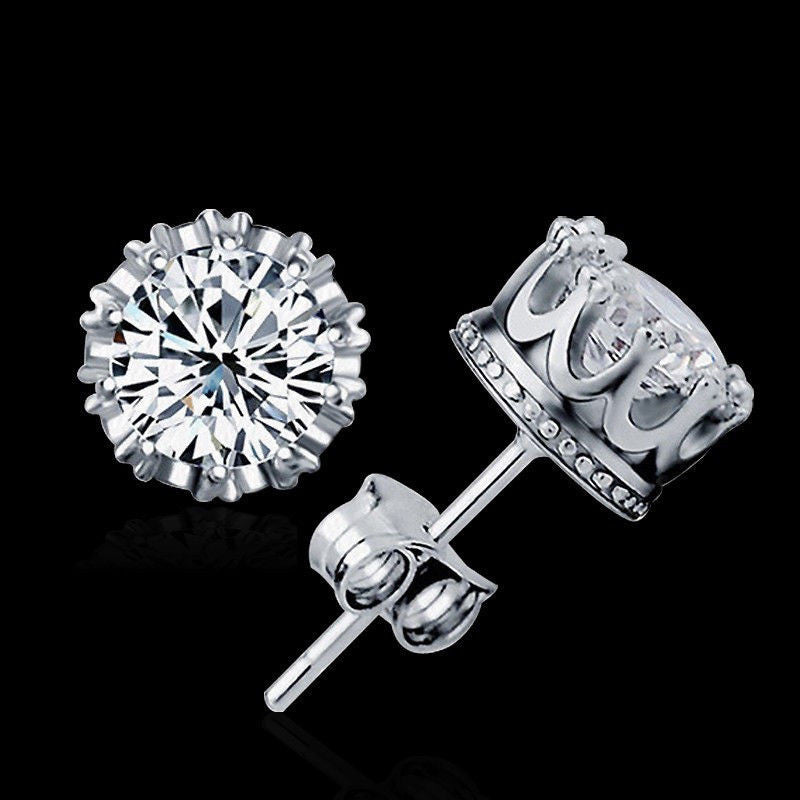 Femal Cubic Zirconia Earrings Classic Crown Silver Plated Crystal Stud Earrings Women Jewelry  J4U66