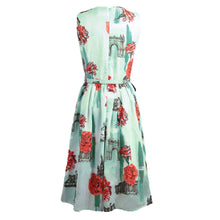 floral print women dress fresh elegant sleeveless o neck slim office dress pleated waist with belt green J4U66