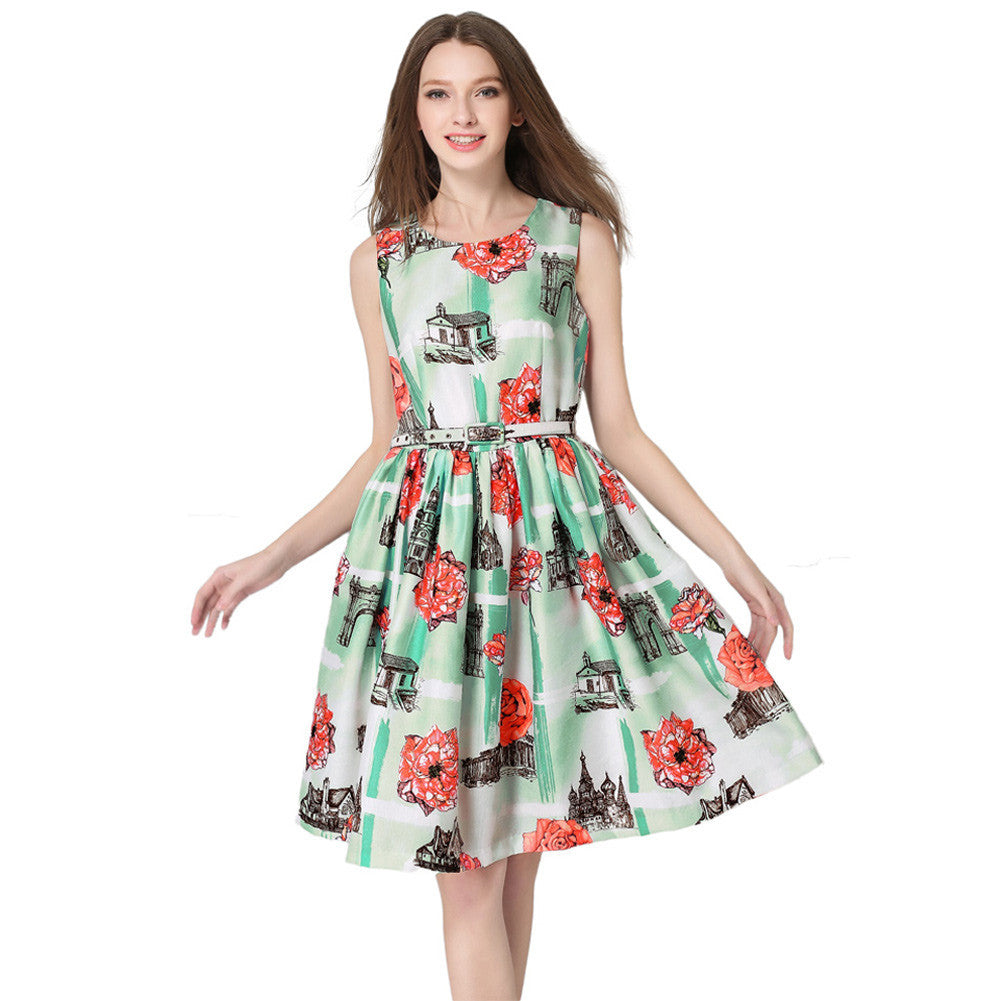 floral print women dress fresh elegant sleeveless o neck slim office dress pleated waist with belt green J4U66