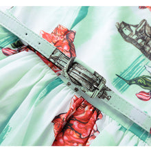 floral print women dress fresh elegant sleeveless o neck slim office dress pleated waist with belt green J4U66