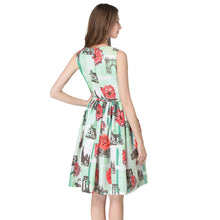 floral print women dress fresh elegant sleeveless o neck slim office dress pleated waist with belt green J4U66
