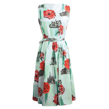 floral print women dress fresh elegant sleeveless o neck slim office dress pleated waist with belt green J4U66