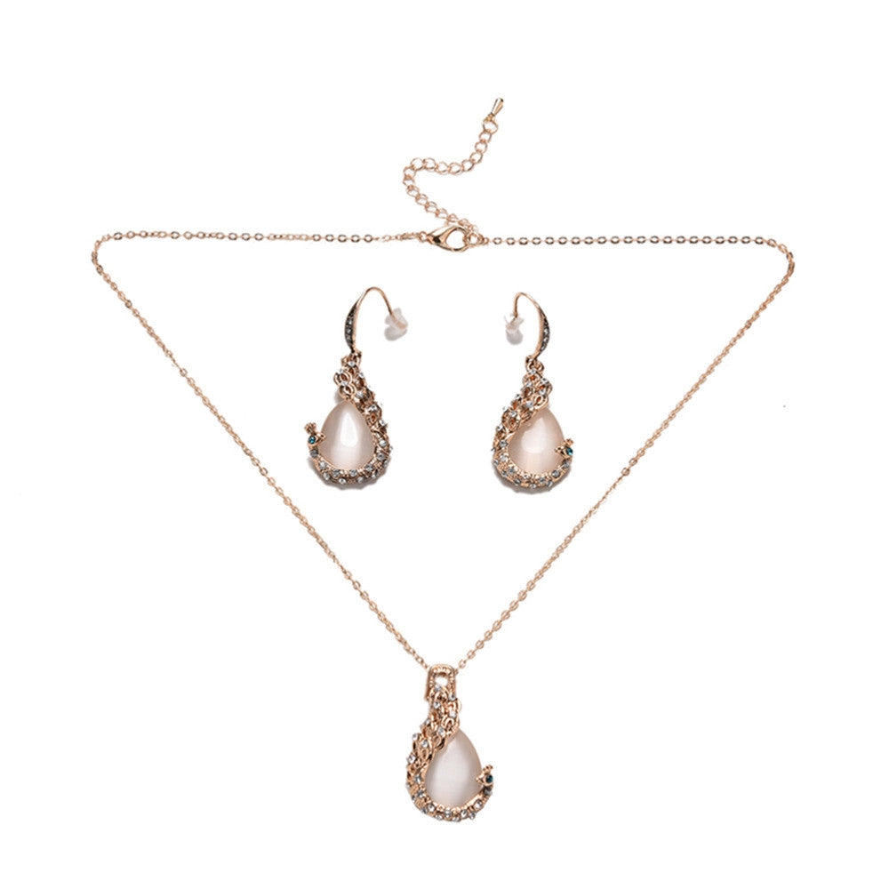 For Women  18k Yellow Gold Filled pink opal Peacock Necklace Earring Wedding Fine Jewelry J4U66