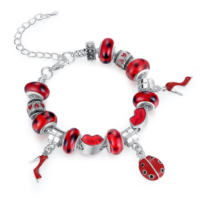 For Women Jewelry Pulsera Mujer Femme Charm Bracelets Cute Ladybird Beads Chain Bracelet J4U66