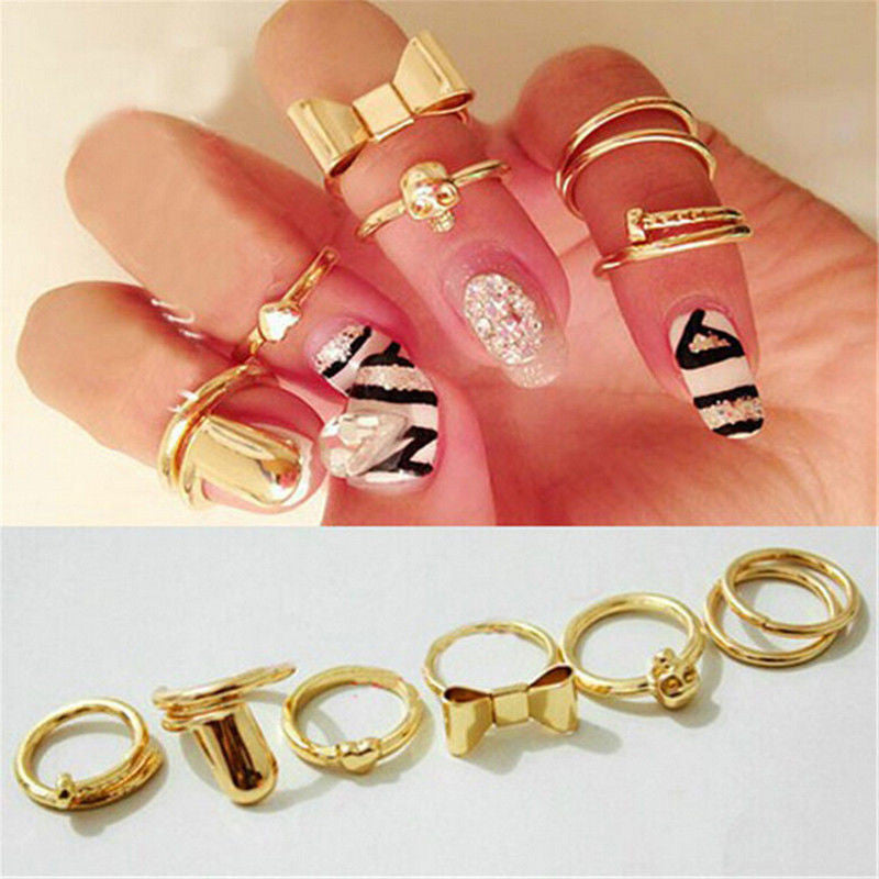 For Women Skull Bowknot Heart Ring Set 7pc Gold finger Knuckle Rings J4U66