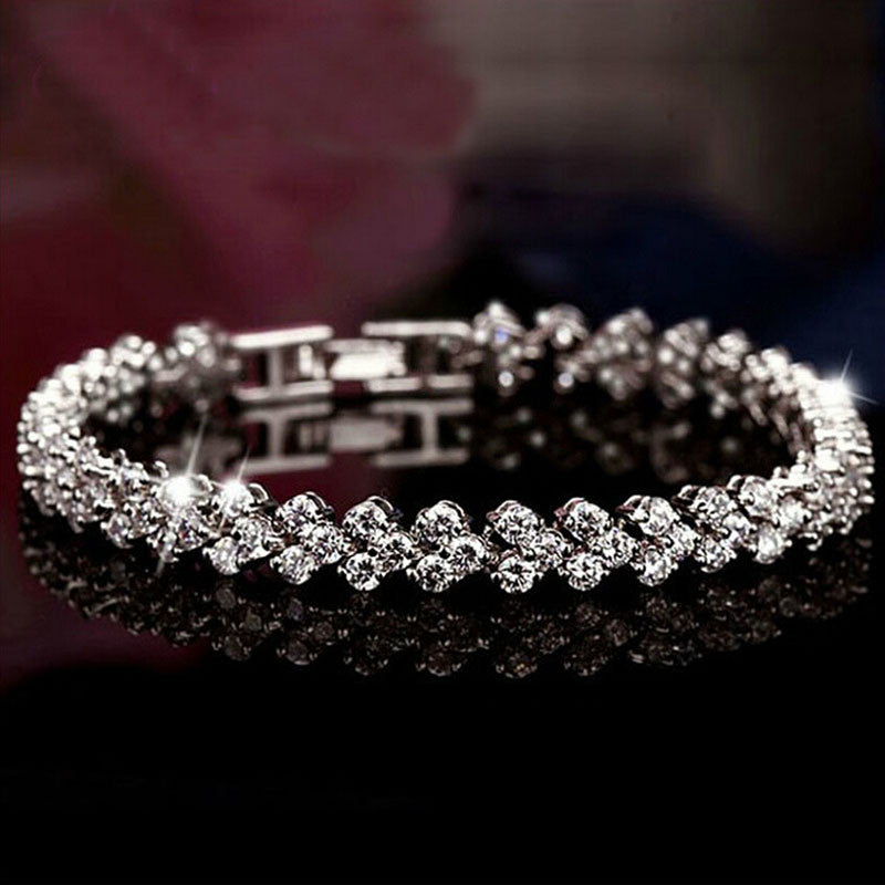 For Women Style Silver Plated Bracelets Bangles Roman Shiny CZ Diamond Heart Shape Chain Bracelets J4U66